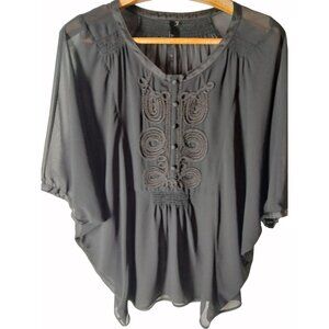Bellatrix Black Sheer Embroidered Boho Blouse Size L Button Detail Flowy Boho